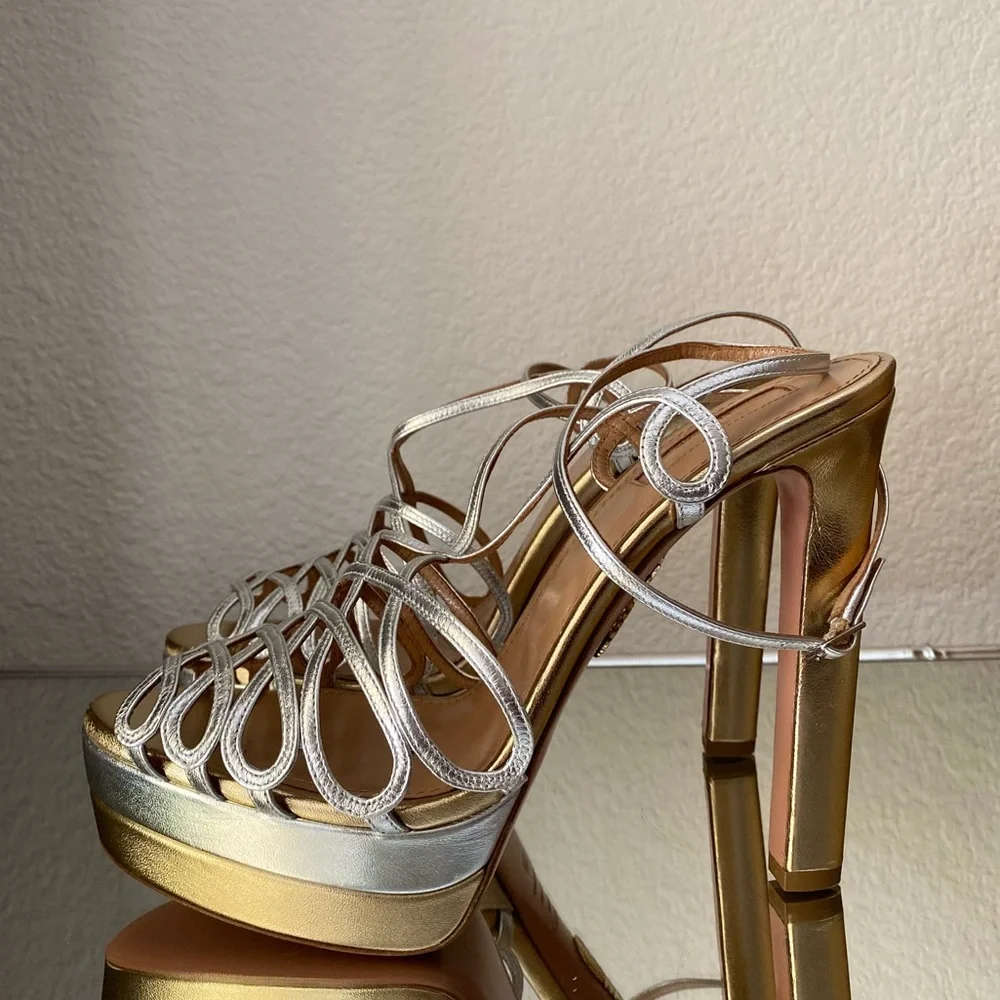 New AQUAZZURA Monroe Plateau 130 Two-Tone Metallic Leather Platform Sandals